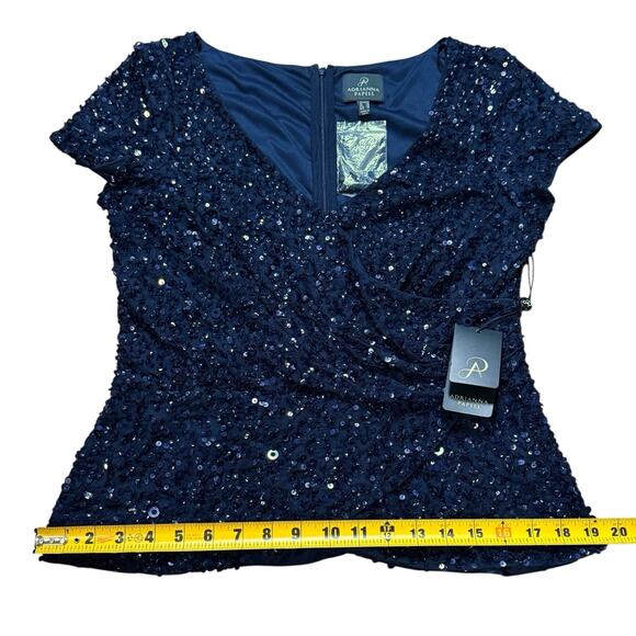 NWT Adrianna Papell Womens Sequin Bead Top Cap Sleeve Wrap Front Formal Navy 10 - Picture 7 of 13